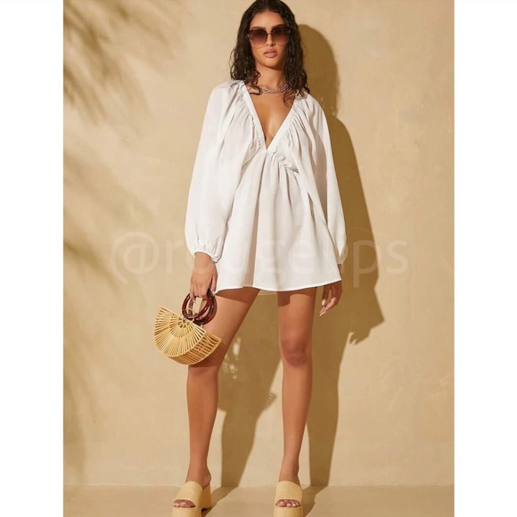 White Boho Mini Dress Frill Batwing Bishop Sleeve Deep V Neck Flared - Picture 3 of 7